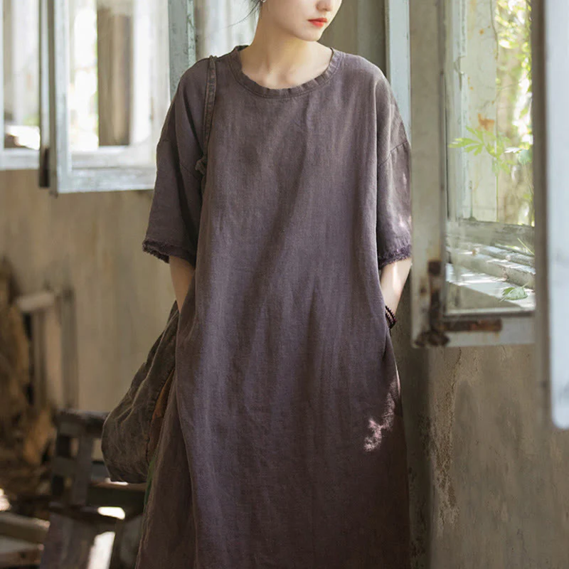 Top da donna a maniche corte in ramia e lino con spacco e motivo Buddha Stones - Image 21