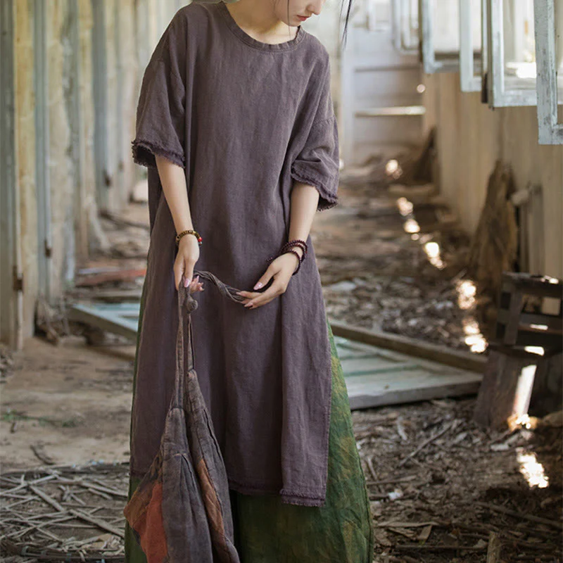 Top da donna a maniche corte in ramia e lino con spacco e motivo Buddha Stones - Image 26