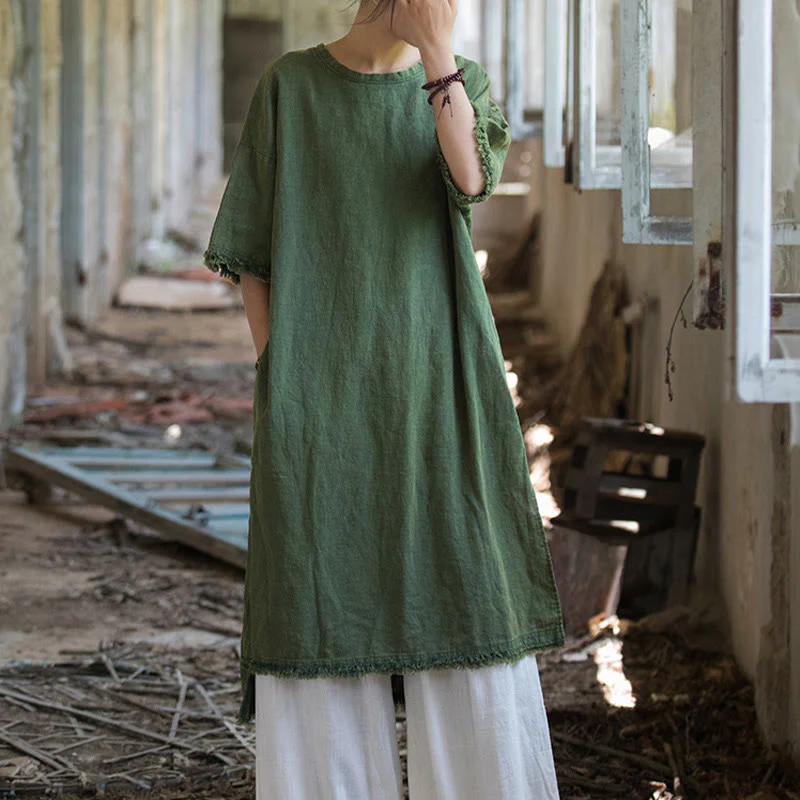 Top da donna a maniche corte in ramia e lino con spacco e motivo Buddha Stones - Image 8