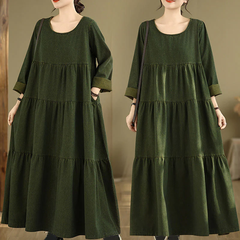 Abito lungo da donna in cotone con maniche lunghe e tasche, motivo patchwork verde oliva scuro Buddha Stones