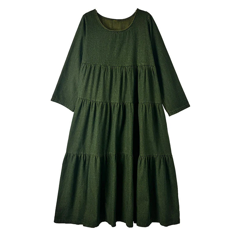 Abito lungo da donna in cotone con maniche lunghe e tasche, motivo patchwork verde oliva scuro Buddha Stones - Image 14