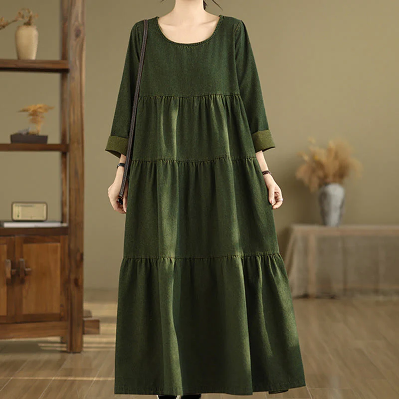 Abito lungo da donna in cotone con maniche lunghe e tasche, motivo patchwork verde oliva scuro Buddha Stones - Image 6