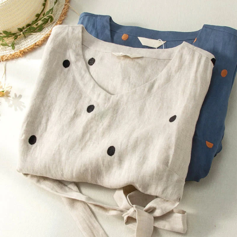 Abito midi da donna in cotone e lino con maniche corte, allacciato, con motivo a pois Buddha Stones, casual e tasche - Image 12