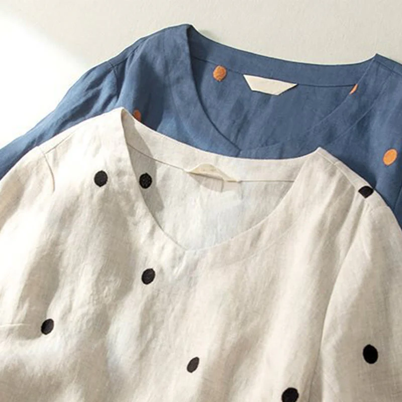 Abito midi da donna in cotone e lino con maniche corte, allacciato, con motivo a pois Buddha Stones, casual e tasche - Image 13