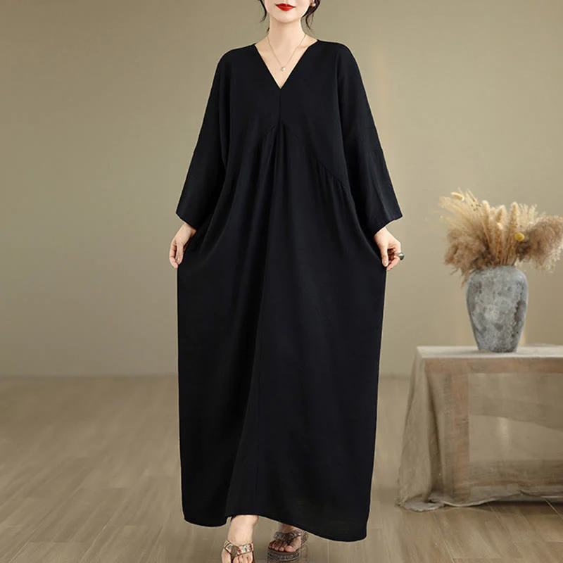 Abito midi in cotone a maniche lunghe con scollo a V e colori puri Buddha Stones Fall