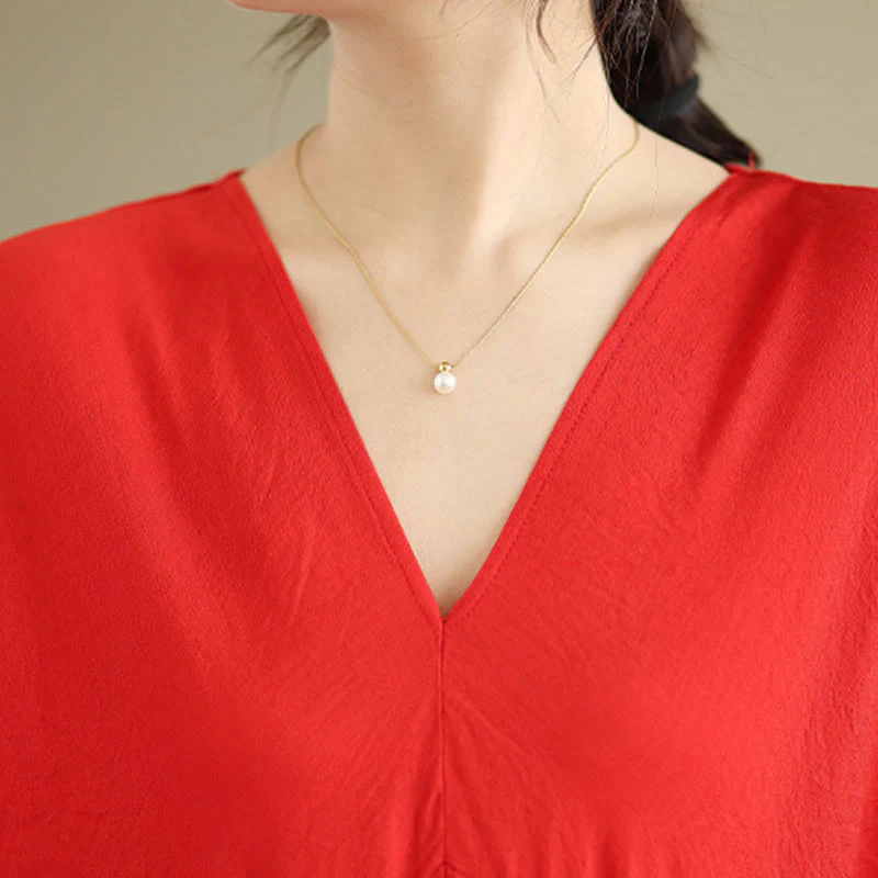 Abito midi in cotone a maniche lunghe con scollo a V e colori puri Buddha Stones Fall - Image 10