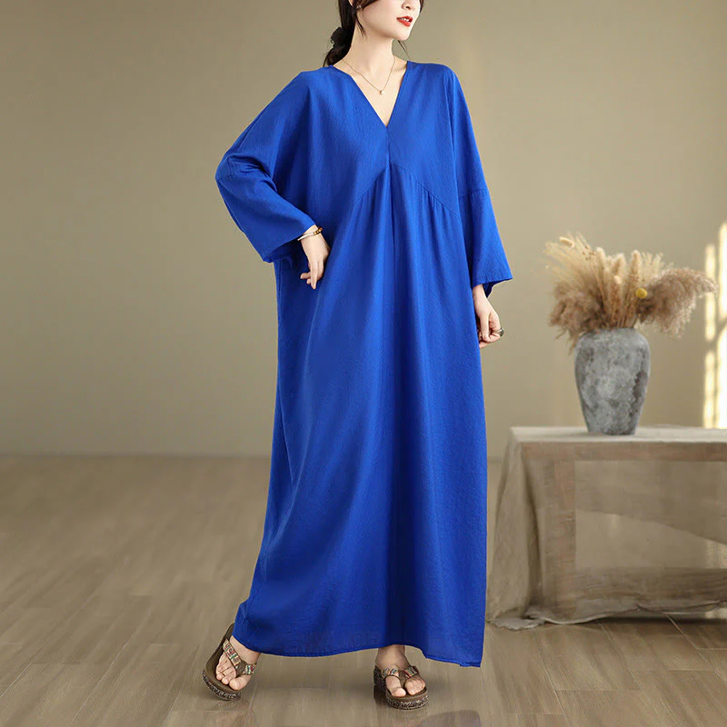 Abito midi in cotone a maniche lunghe con scollo a V e colori puri Buddha Stones Fall - Image 12