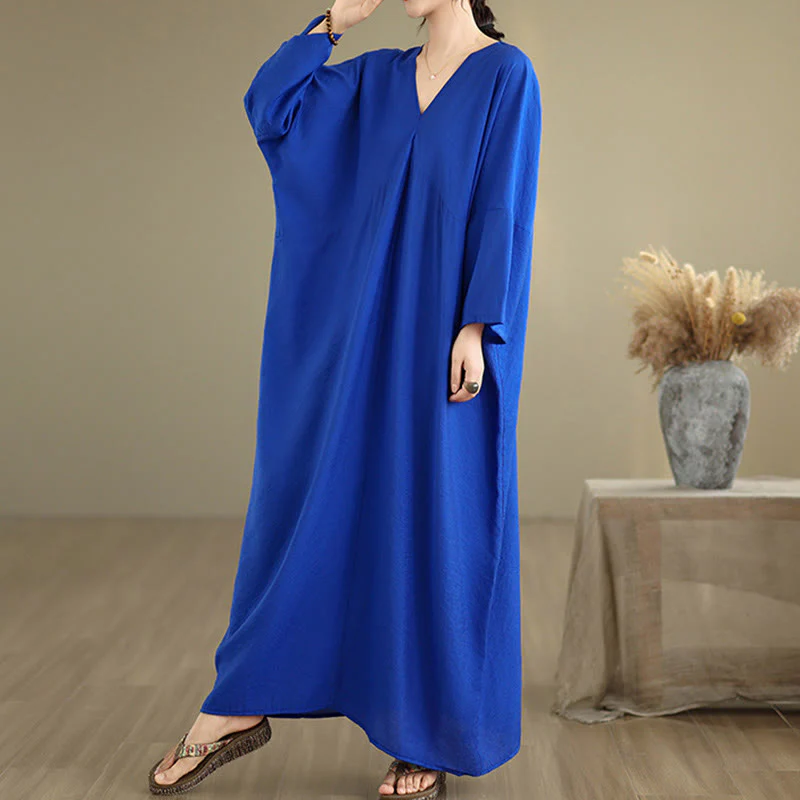 Abito midi in cotone a maniche lunghe con scollo a V e colori puri Buddha Stones Fall - Image 14