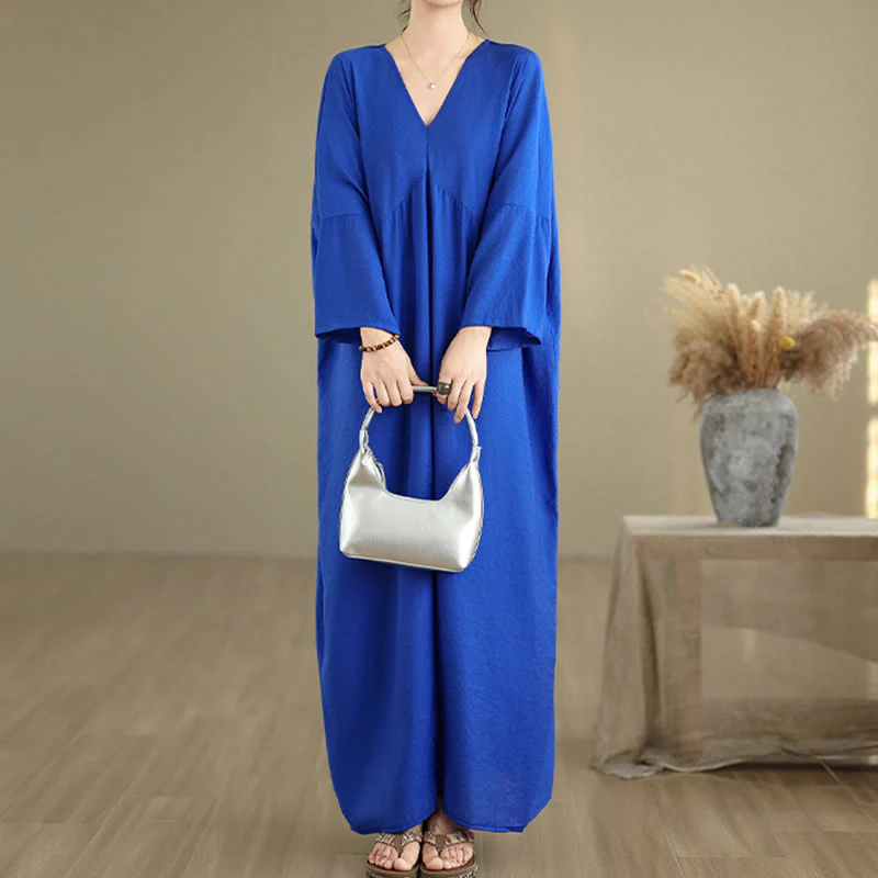 Abito midi in cotone a maniche lunghe con scollo a V e colori puri Buddha Stones Fall - Image 16