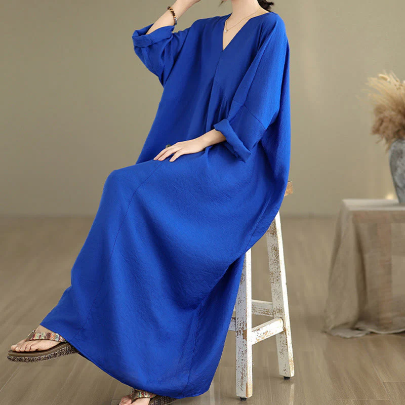 Abito midi in cotone a maniche lunghe con scollo a V e colori puri Buddha Stones Fall - Image 17