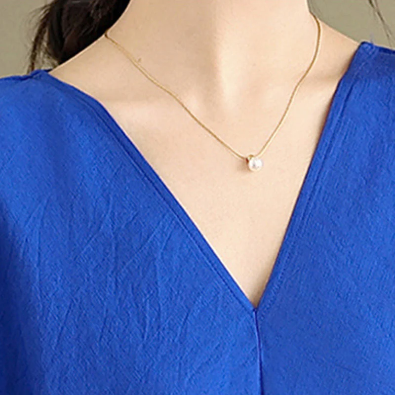 Abito midi in cotone a maniche lunghe con scollo a V e colori puri Buddha Stones Fall - Image 18