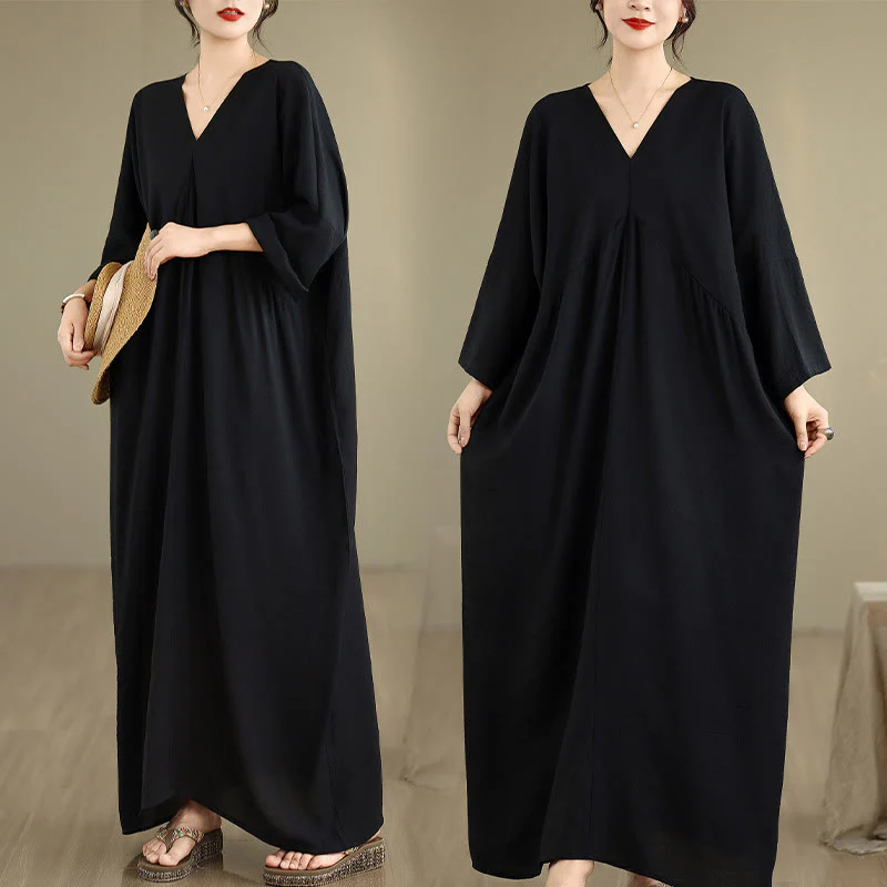 Abito midi in cotone a maniche lunghe con scollo a V e colori puri Buddha Stones Fall - Image 6
