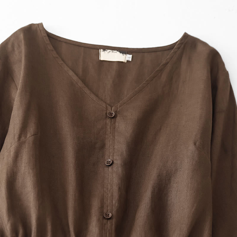 Abito midi in cotone a maniche corte con coulisse, tinta unita, con motivo Buddha Stones Vintage Casual e tasche. - Image 3