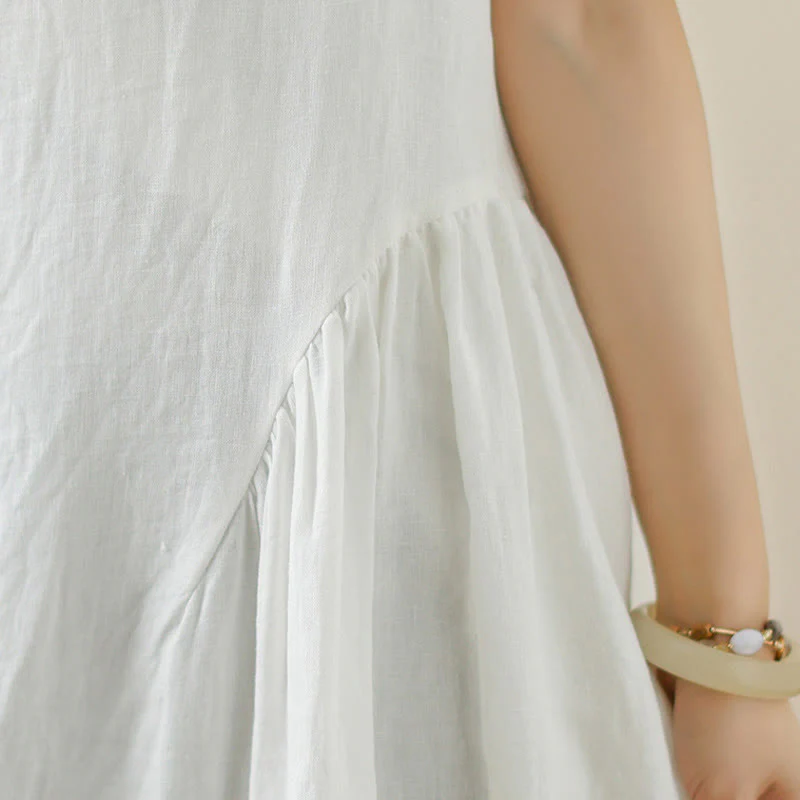 Abito midi in cotone senza maniche con tasche, motivo floreale bianco casual con bottoni sul retro Buddha Stones - Image 10