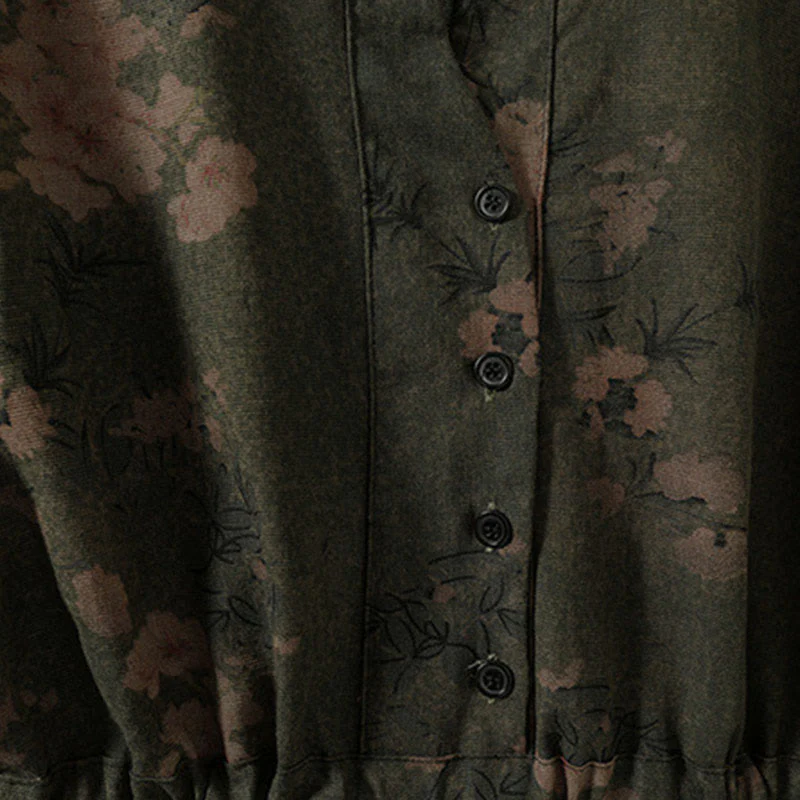 Abito midi a maniche lunghe con tasche, motivo stampato a fiori casual Buddha Stones e bottoni - Image 3