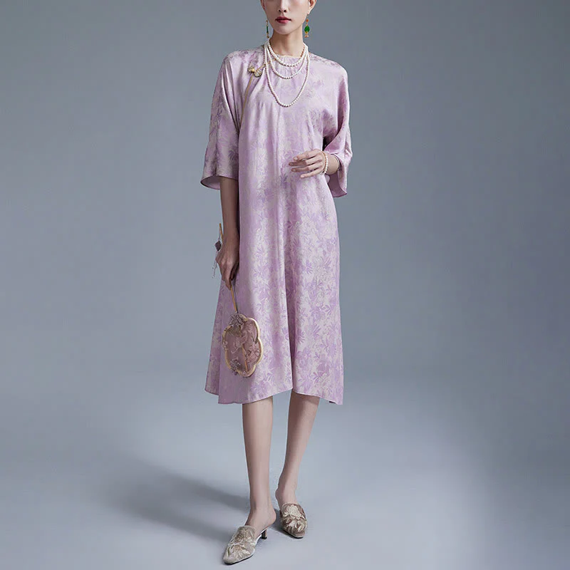 Abito midi cinese Cheongsam Qipao con tasche, piccolo fiore e foglia in jacquard, Buddha Stones - Image 10