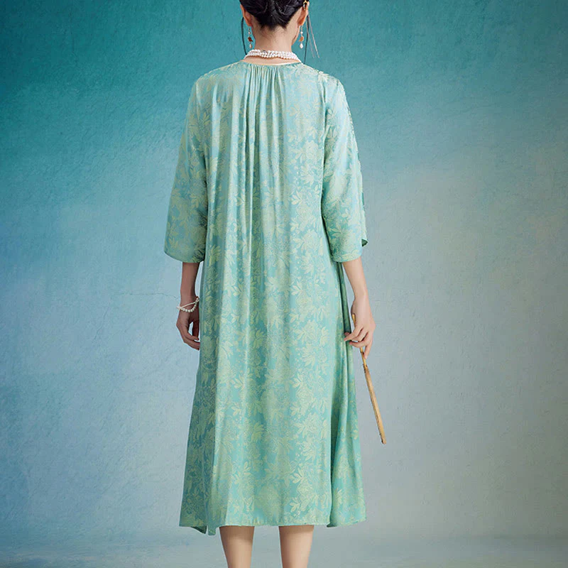 Abito midi cinese Cheongsam Qipao con tasche, piccolo fiore e foglia in jacquard, Buddha Stones - Image 3