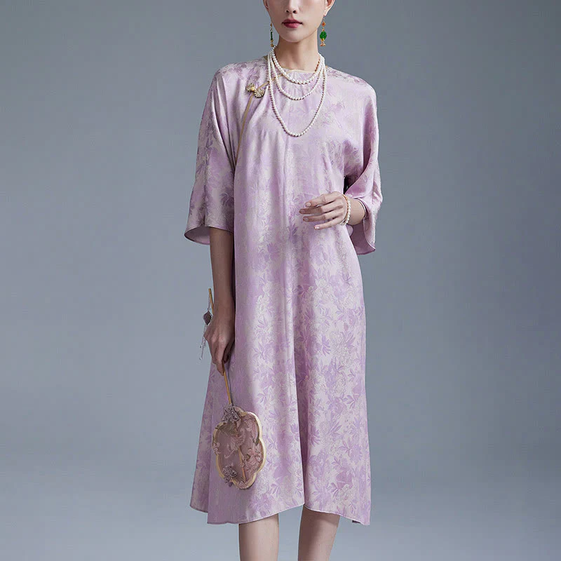 Abito midi cinese Cheongsam Qipao con tasche, piccolo fiore e foglia in jacquard, Buddha Stones - Image 7