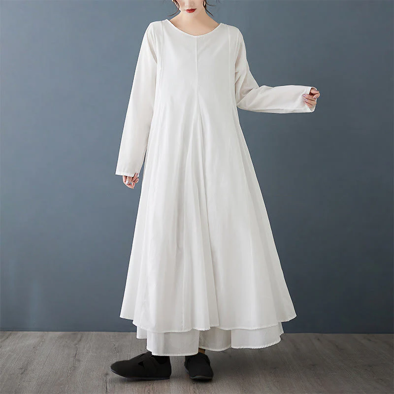 Abito midi da donna a maniche lunghe in cotone con design a doppio strato primaverile Buddha Stones