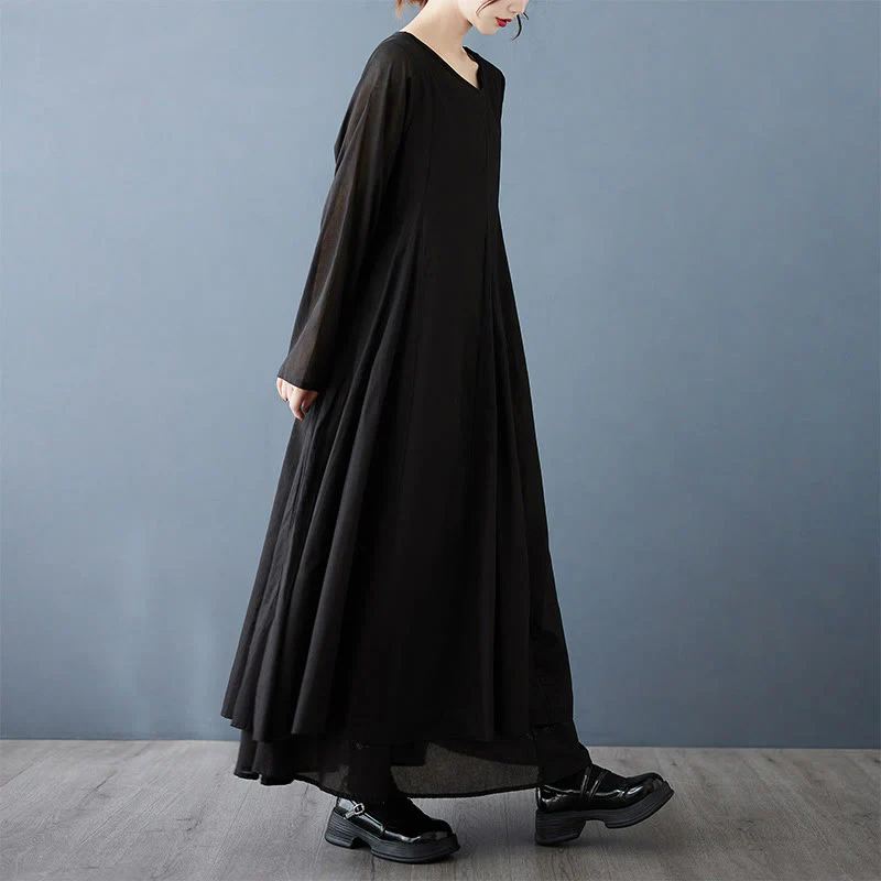 Abito midi da donna a maniche lunghe in cotone con design a doppio strato primaverile Buddha Stones - Image 4