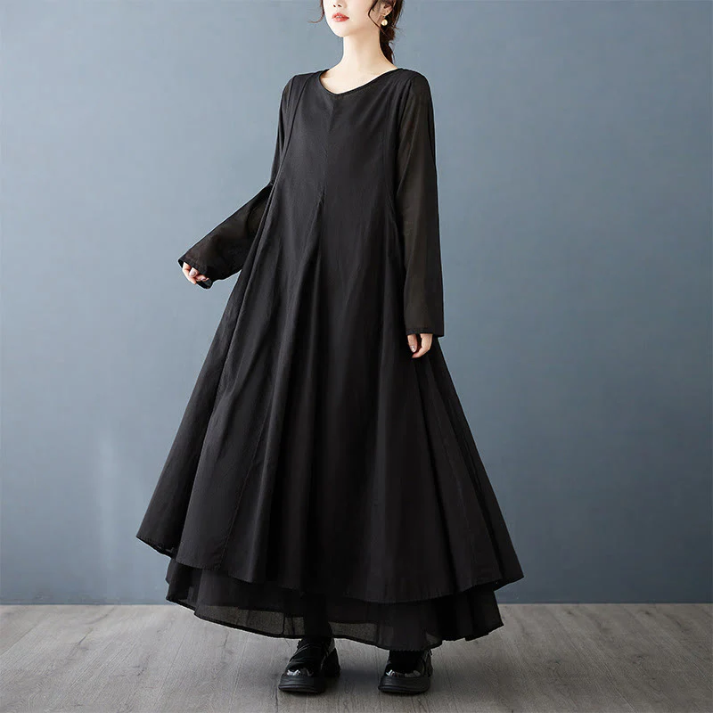 Abito midi da donna a maniche lunghe in cotone con design a doppio strato primaverile Buddha Stones - Image 5