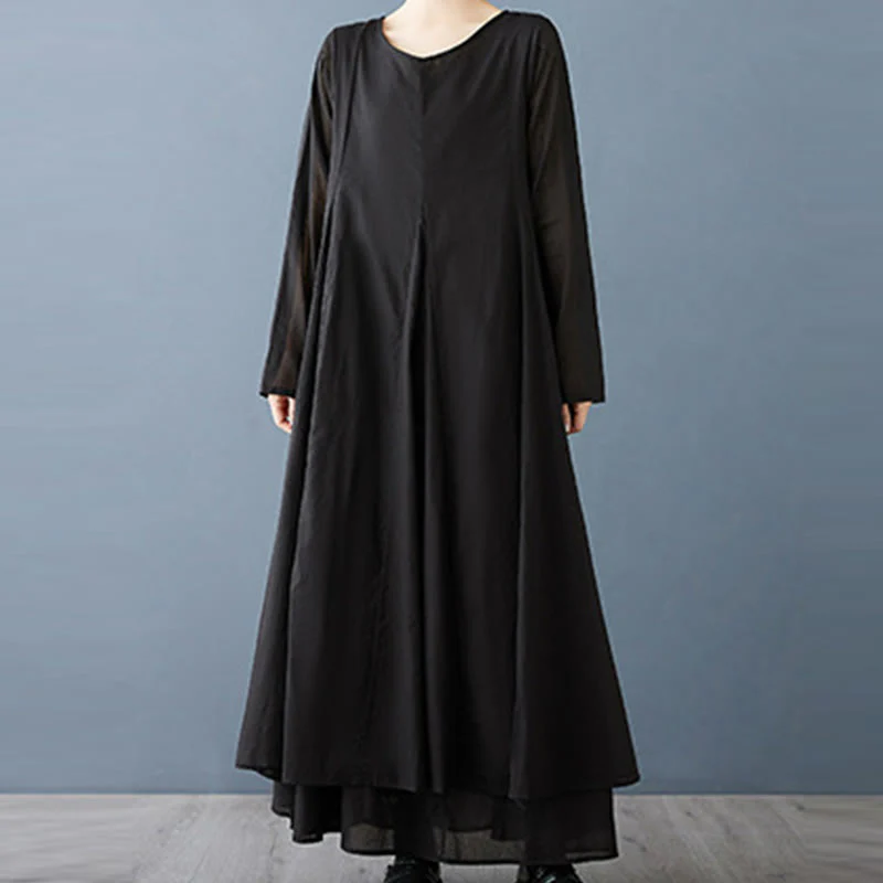 Abito midi da donna a maniche lunghe in cotone con design a doppio strato primaverile Buddha Stones - Image 6