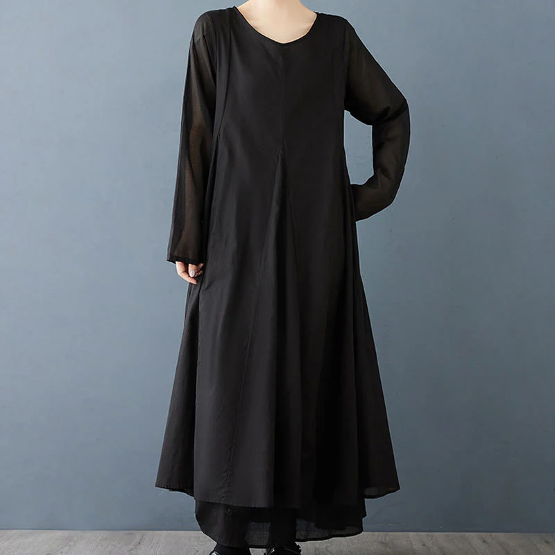 Abito midi da donna a maniche lunghe in cotone con design a doppio strato primaverile Buddha Stones - Image 7