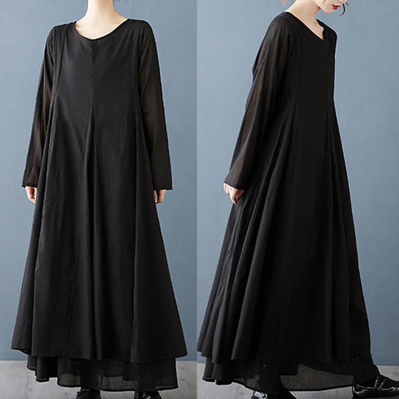 Abito midi da donna a maniche lunghe in cotone con design a doppio strato primaverile Buddha Stones - Image 8