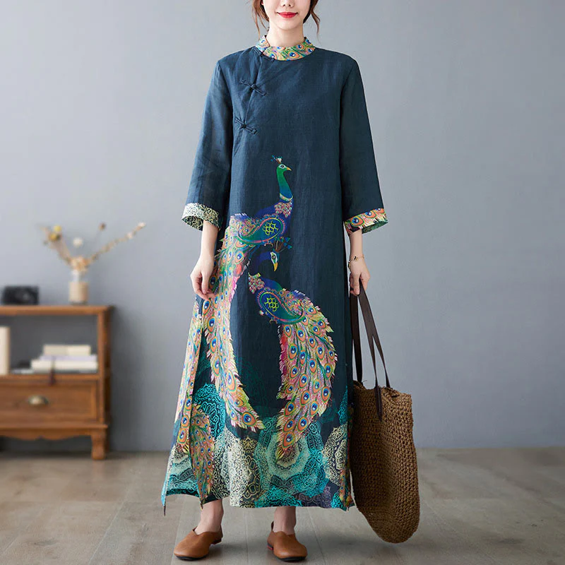 Abito midi da donna in cotone con maniche a tre quarti, motivo Buddha Stones Fall Colorful Peacocks Mandala Frog-Botton - Image 8