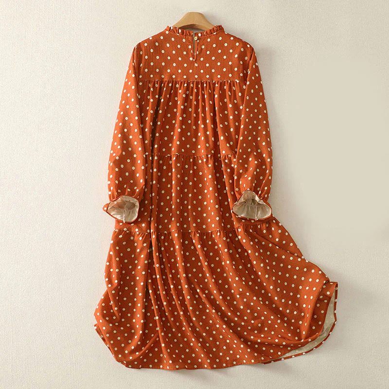 Abito midi da donna in cotone con scollo rotondo e maniche lunghe, motivo a pois autunnali Buddha Stones - Image 2