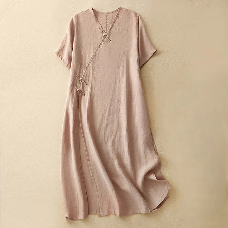 Abito midi da donna in cotone e lino con maniche corte, scollo a V, bottoni a rana , Buddha Stones