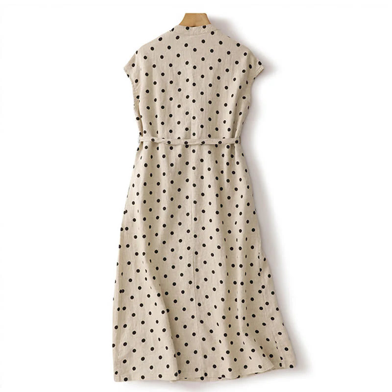 Abito midi da donna in cotone e lino con tasche, a pois estivi, con scollo a V e lacci, Buddha Stones - Image 10