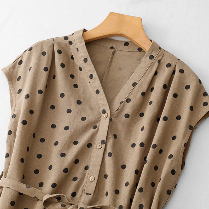 Abito midi da donna in cotone e lino con tasche, a pois estivi, con scollo a V e lacci, Buddha Stones - Image 2