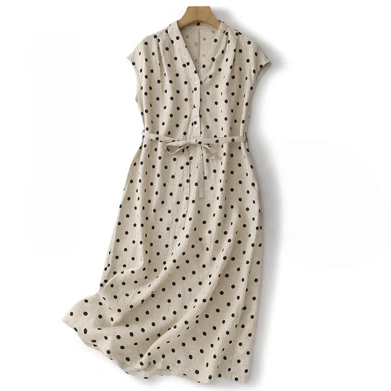 Abito midi da donna in cotone e lino con tasche, a pois estivi, con scollo a V e lacci, Buddha Stones - Image 9