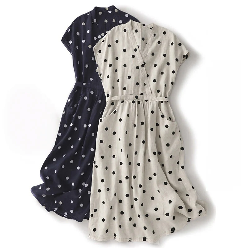 Abito midi da donna in cotone e lino con tasche, scollo a V Buddha Stones - Image 19