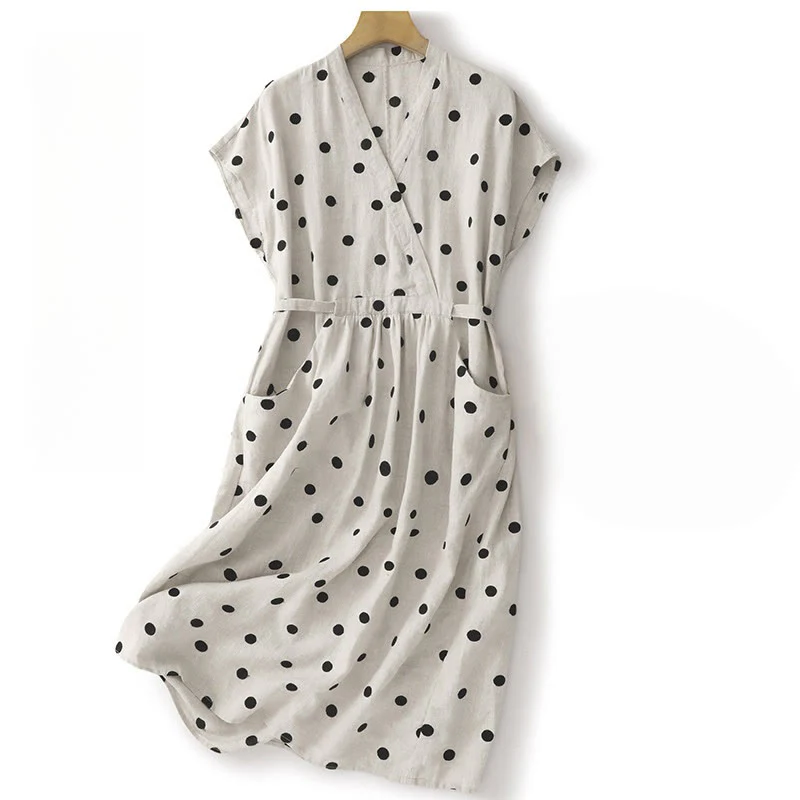 Abito midi da donna in cotone e lino con tasche, scollo a V Buddha Stones - Image 9