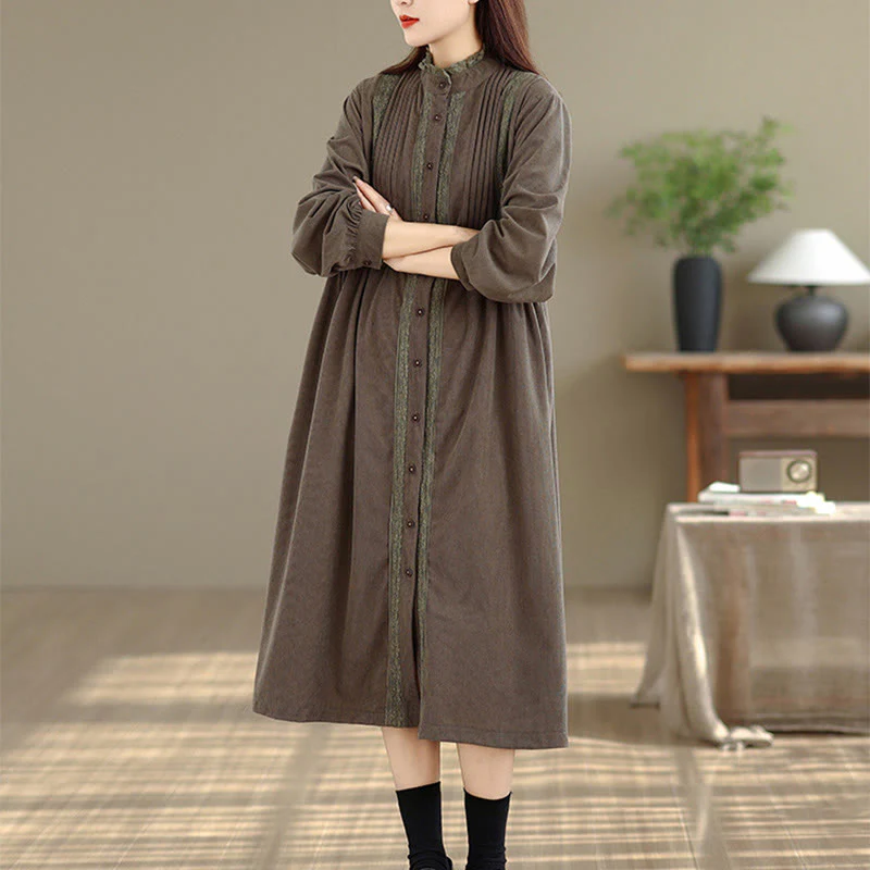 Abito midi da donna in velluto a coste con maniche lunghe, tasche e bottoni invernali plissettati Buddha Stones