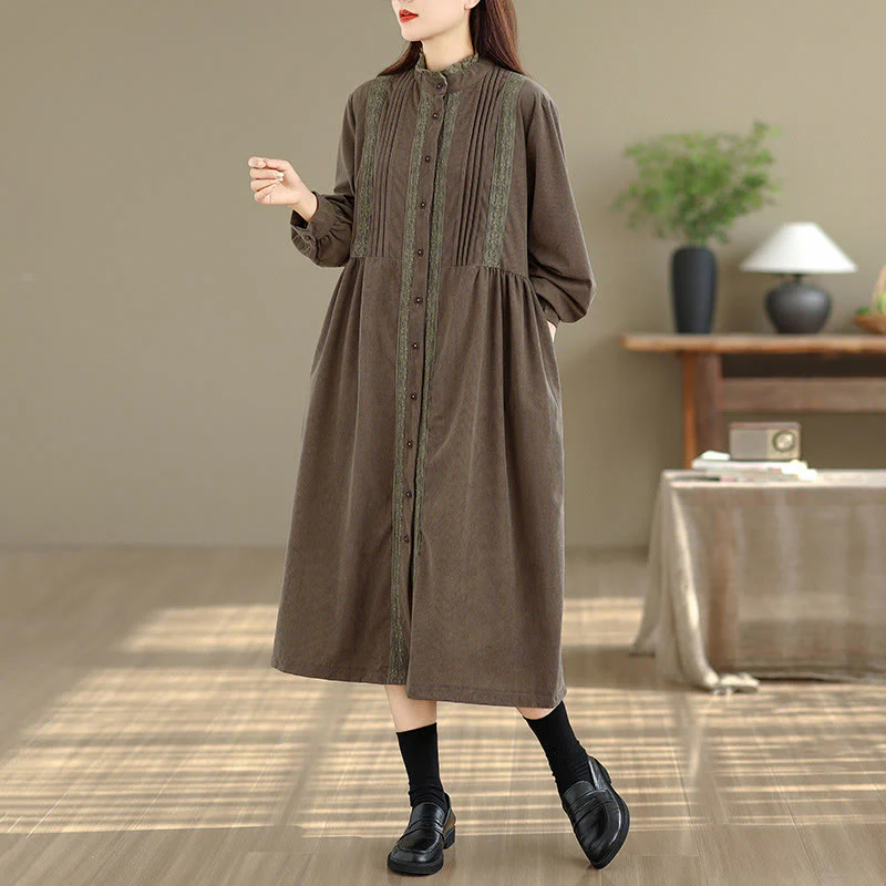 Abito midi da donna in velluto a coste con maniche lunghe, tasche e bottoni invernali plissettati Buddha Stones - Image 2