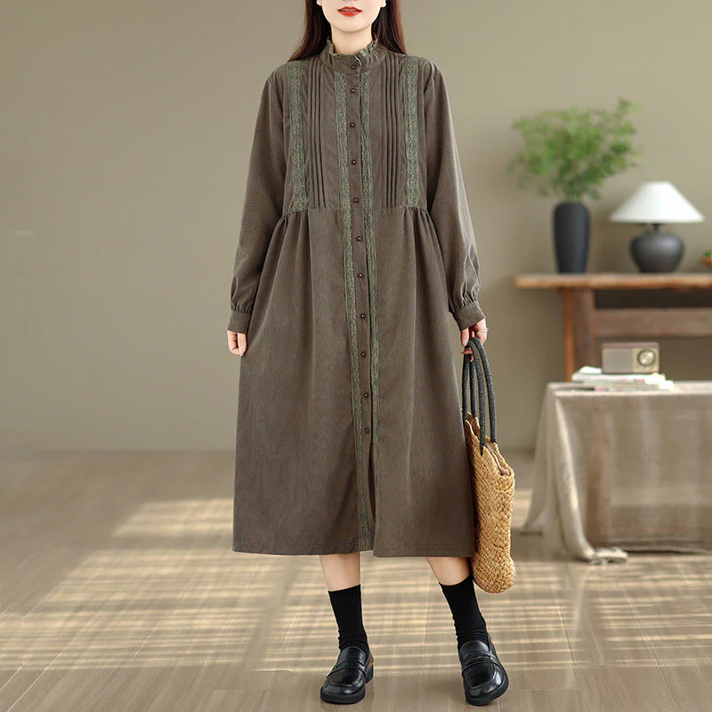 Abito midi da donna in velluto a coste con maniche lunghe, tasche e bottoni invernali plissettati Buddha Stones - Image 3