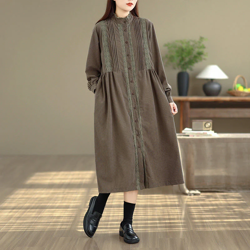 Abito midi da donna in velluto a coste con maniche lunghe, tasche e bottoni invernali plissettati Buddha Stones - Image 5