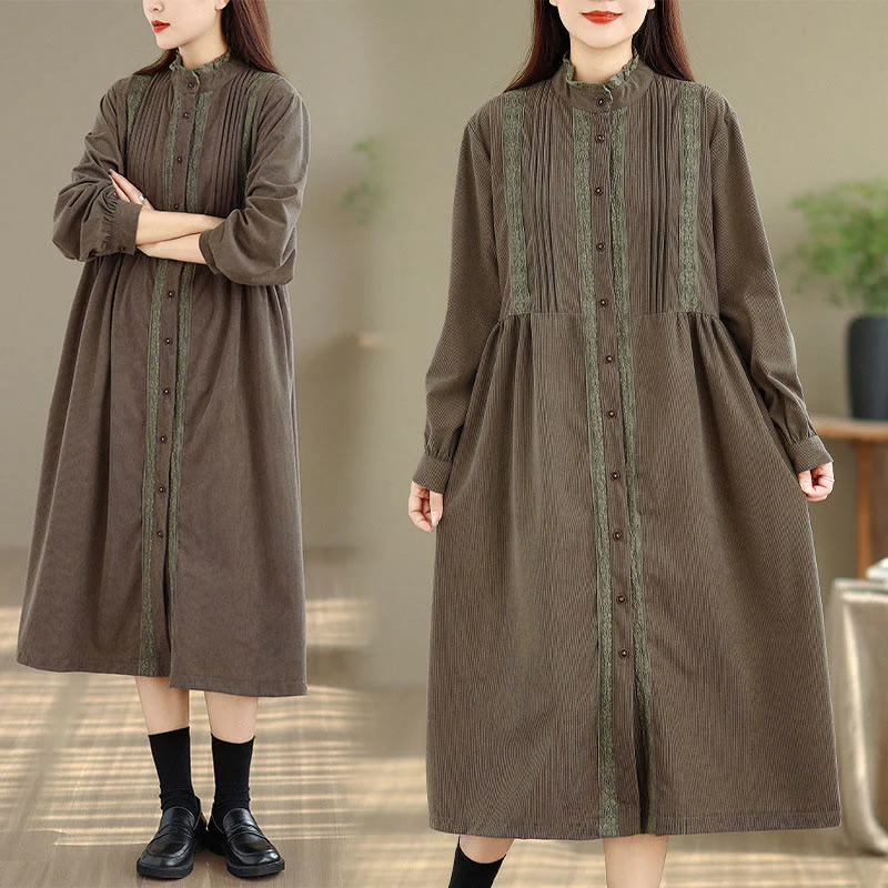 Abito midi da donna in velluto a coste con maniche lunghe, tasche e bottoni invernali plissettati Buddha Stones - Image 7