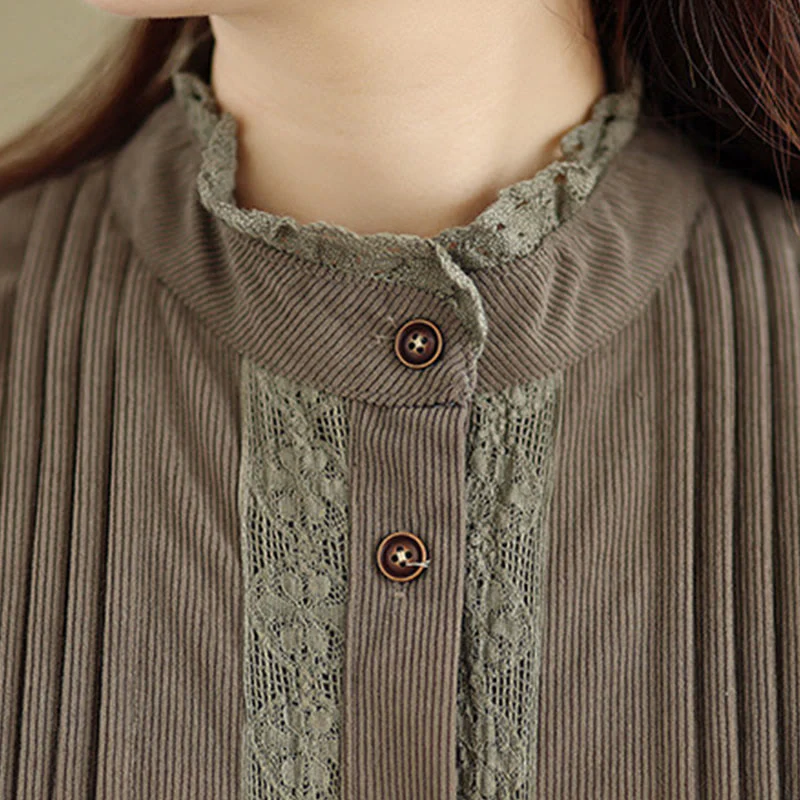 Abito midi da donna in velluto a coste con maniche lunghe, tasche e bottoni invernali plissettati Buddha Stones - Image 8