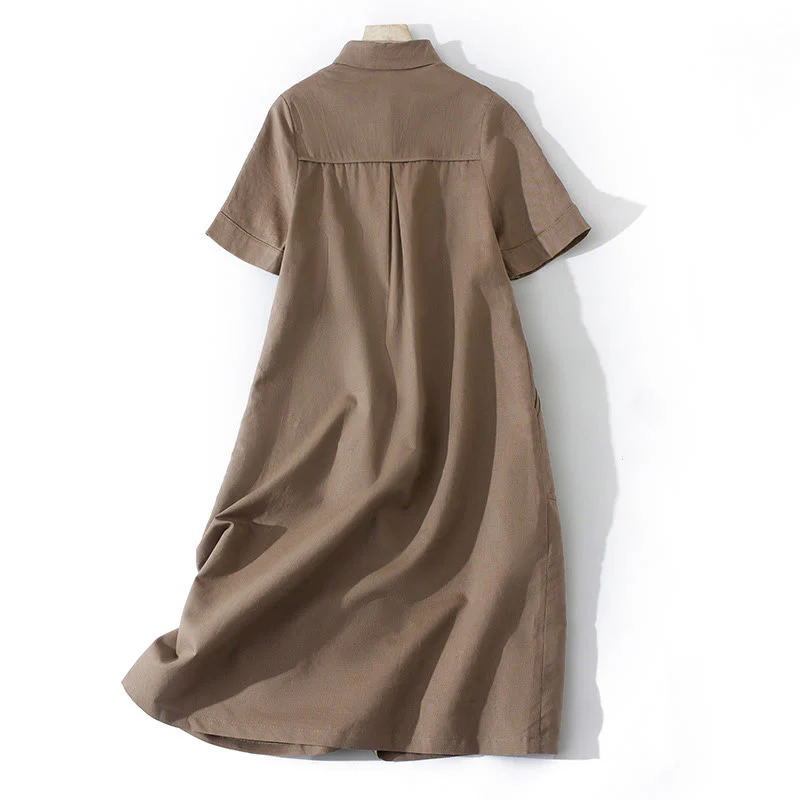 Abito midi in cotone a maniche corte con tasche, stile retrò estivo, in tinta unita con bottoni, motivo Buddha Stones - Image 11