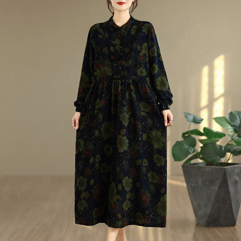 Abito midi in cotone a maniche lunghe con motivo floreale Buddha Stones e tasche - Image 14