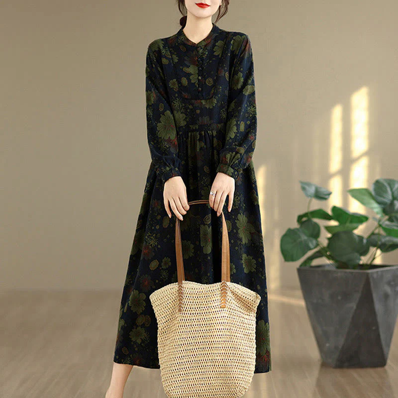 Abito midi in cotone a maniche lunghe con motivo floreale Buddha Stones e tasche - Image 15