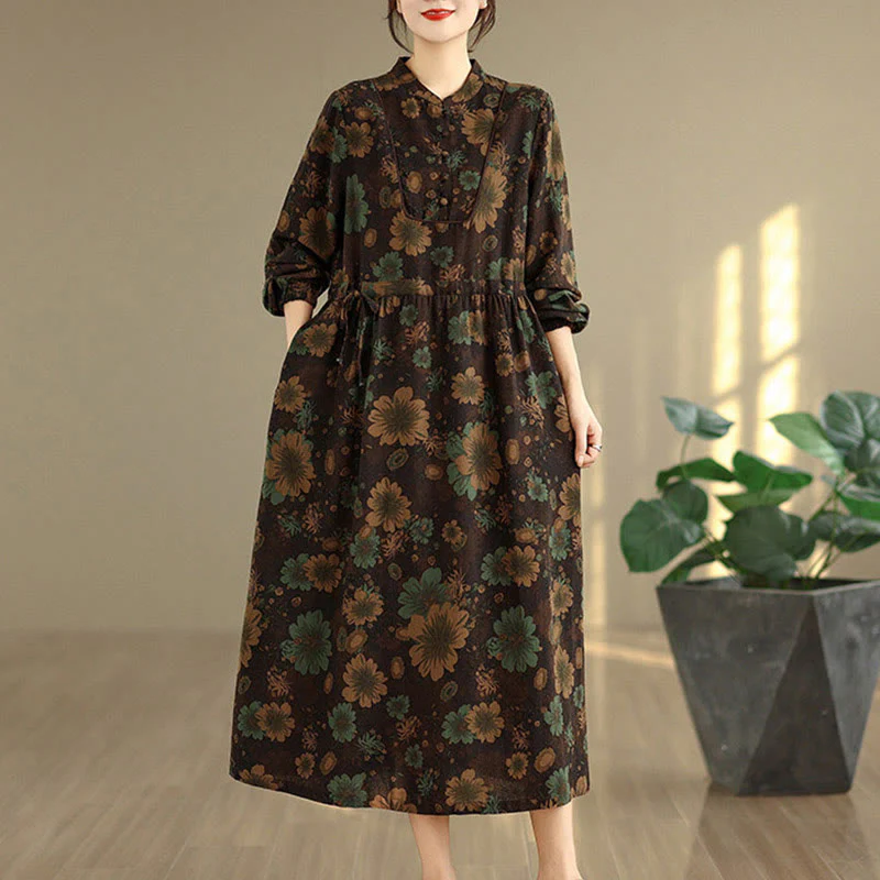 Abito midi in cotone a maniche lunghe con motivo floreale Buddha Stones e tasche - Image 17