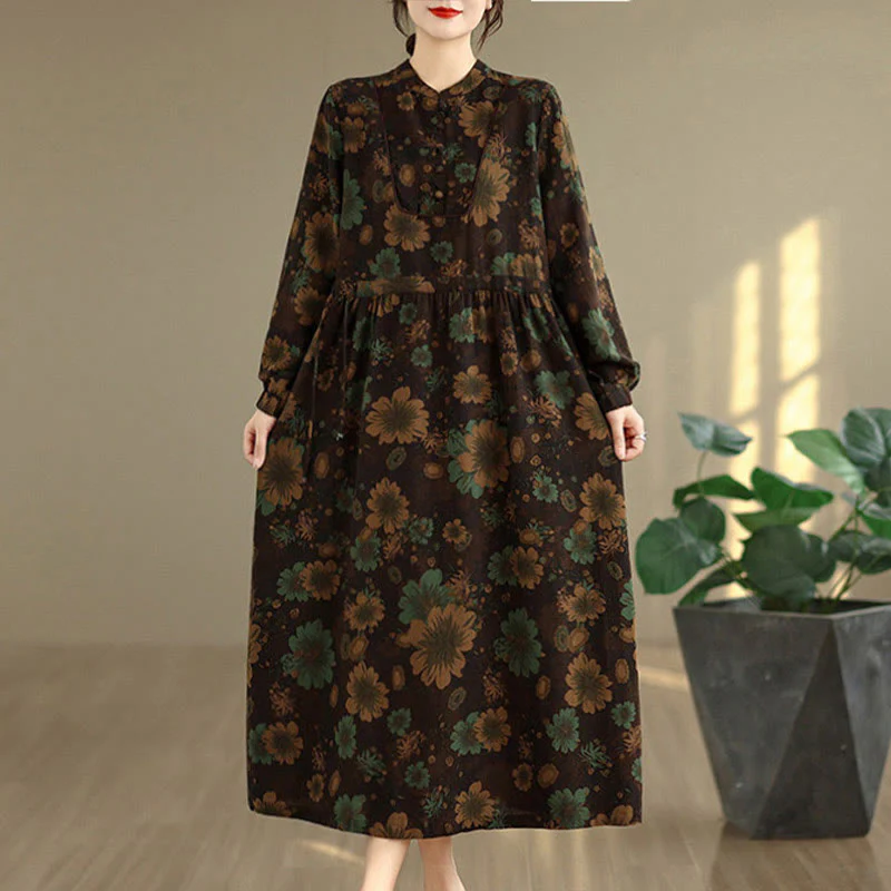 Abito midi in cotone a maniche lunghe con motivo floreale Buddha Stones e tasche - Image 18
