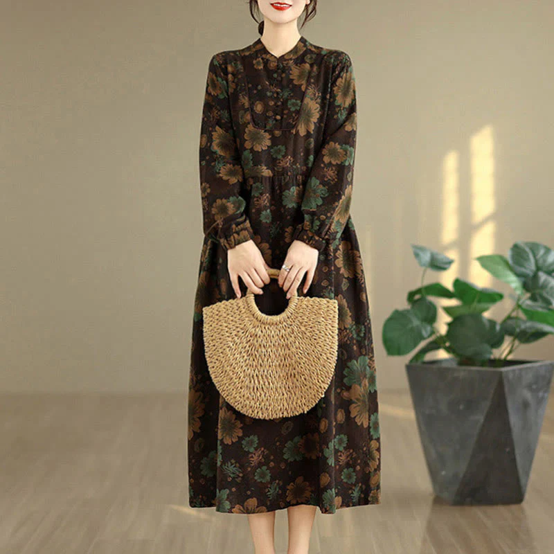 Abito midi in cotone a maniche lunghe con motivo floreale Buddha Stones e tasche - Image 19
