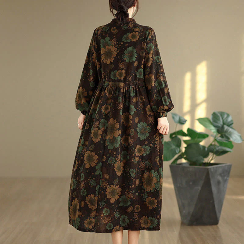 Abito midi in cotone a maniche lunghe con motivo floreale Buddha Stones e tasche - Image 21