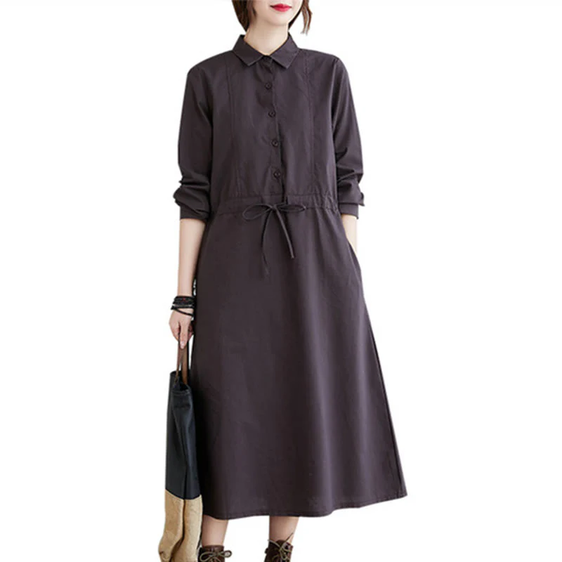 Abito midi in cotone a maniche lunghe con tasche e revers a tinta unita con lacci Buddha Stones - Image 19